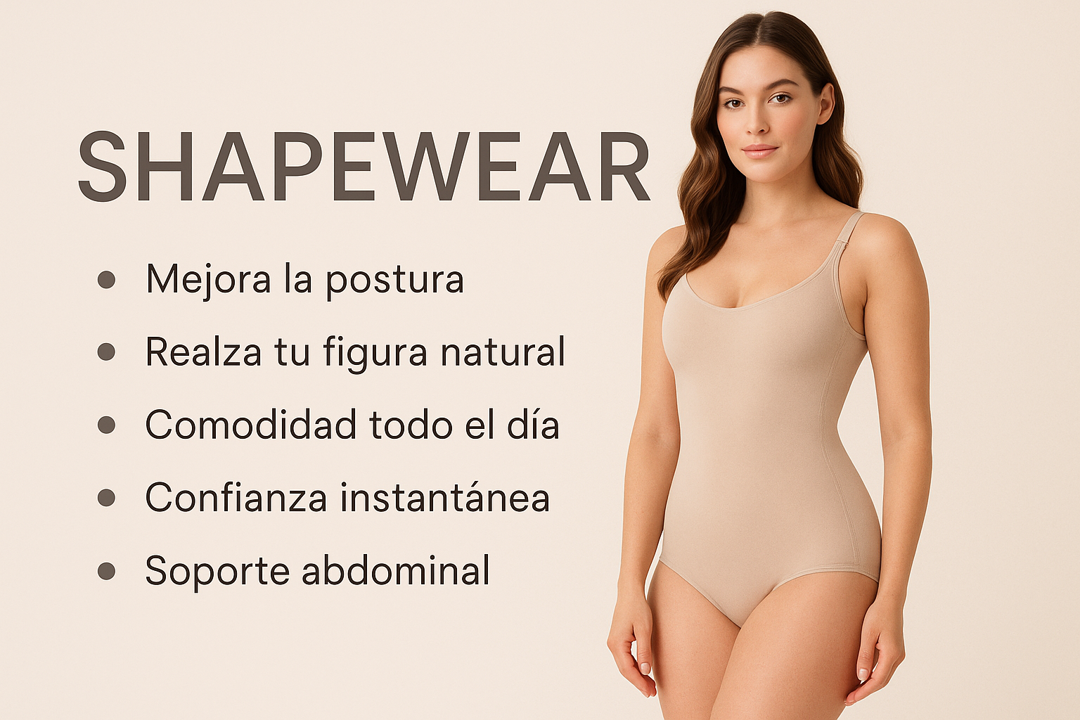 gera para mim uma imagem que seja um banner para minha loja que uma mulher esteja usando algo como uma cinta modeladora, tente não ser muito vulgar e que tenha ao lado tópicos que digam as vantagens da cinta, esse texto precisa ser em espanhol